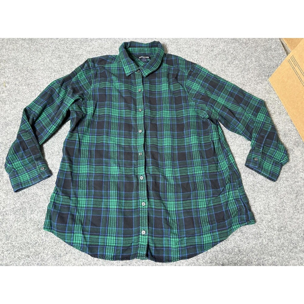 Lands' End Shirt Womens 18W Green Blue Plaid Flannel Button-Up Long Sleeve